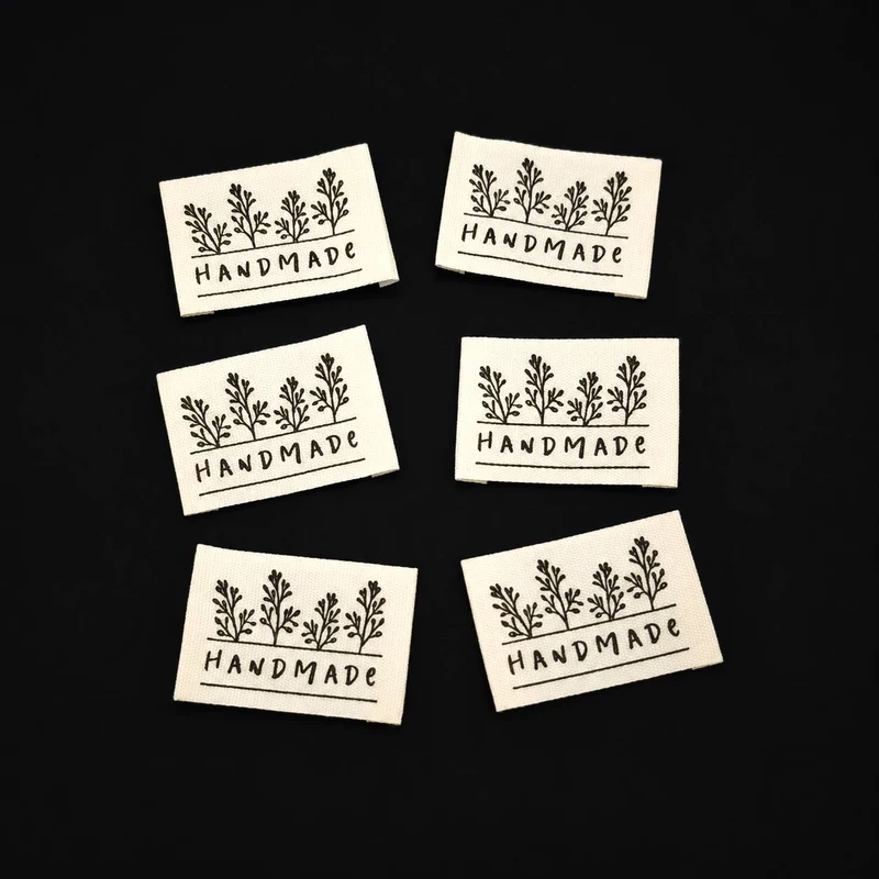 Étiquettes tissées « Handmade » | Motif botanique | Paquet de 6
